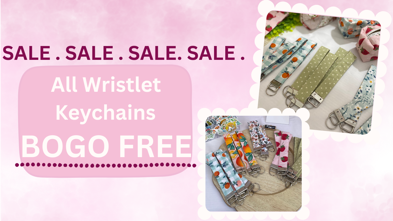 Promotional banner for wristlet keychains with BOGO offer on a pink background