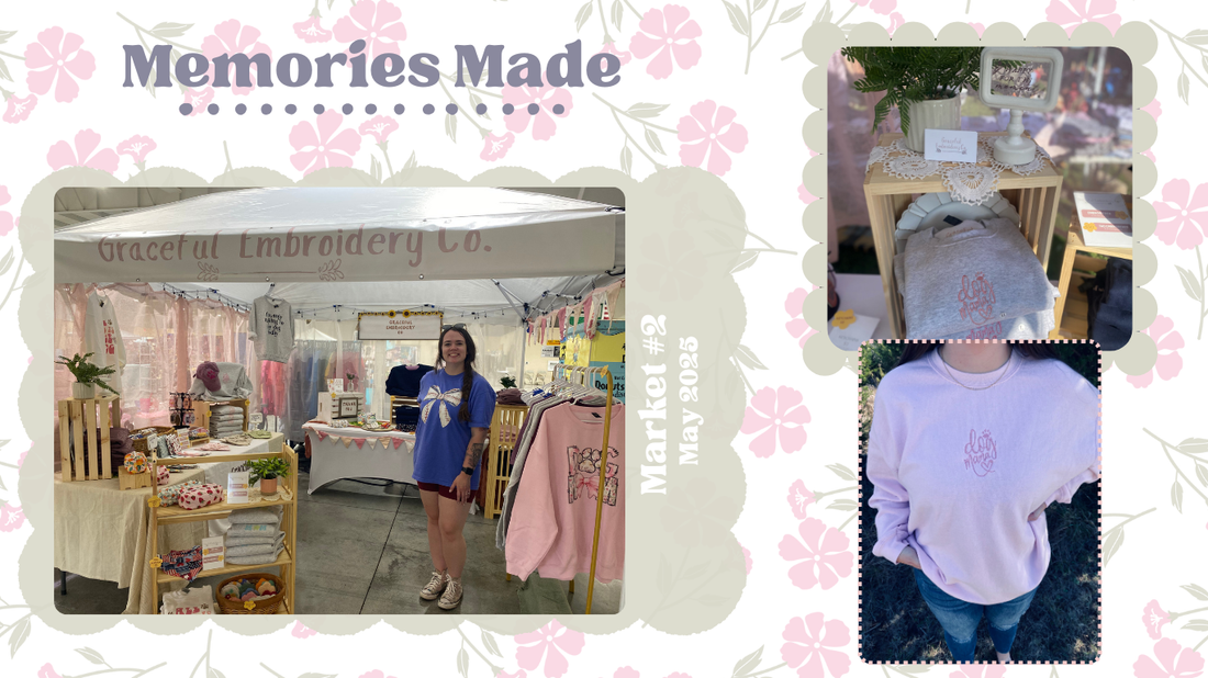 Memories Made collage with images of a store interior, owner in a blue shirt she designed, owner wearing pink crewneck she designed, market setup for crewnecks